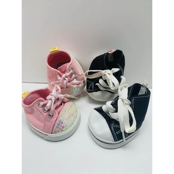 2 Pair Build A Bear High Top Black & White Sneakers Shoes & Pink Sequin Sneakers - Picture 2 of 10